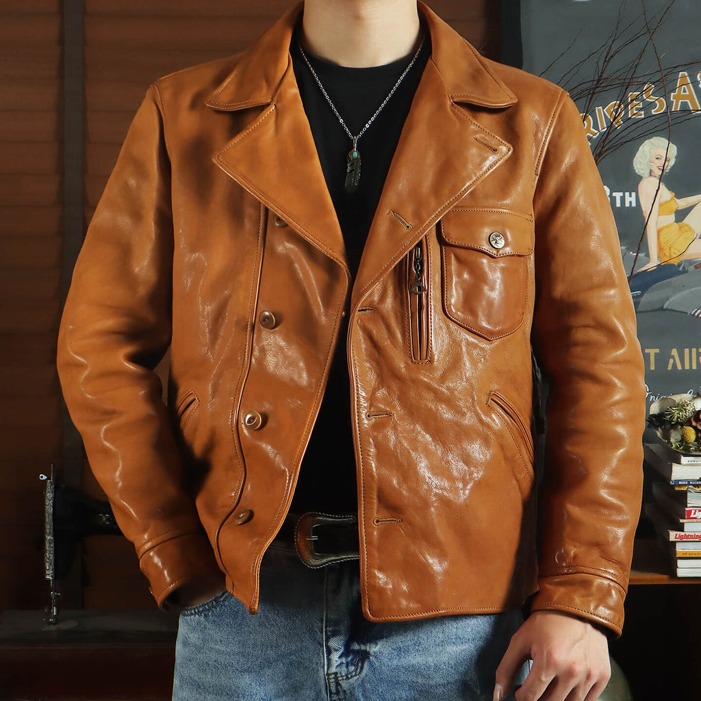 Men's Leather Jacket - Yellowish-Brown