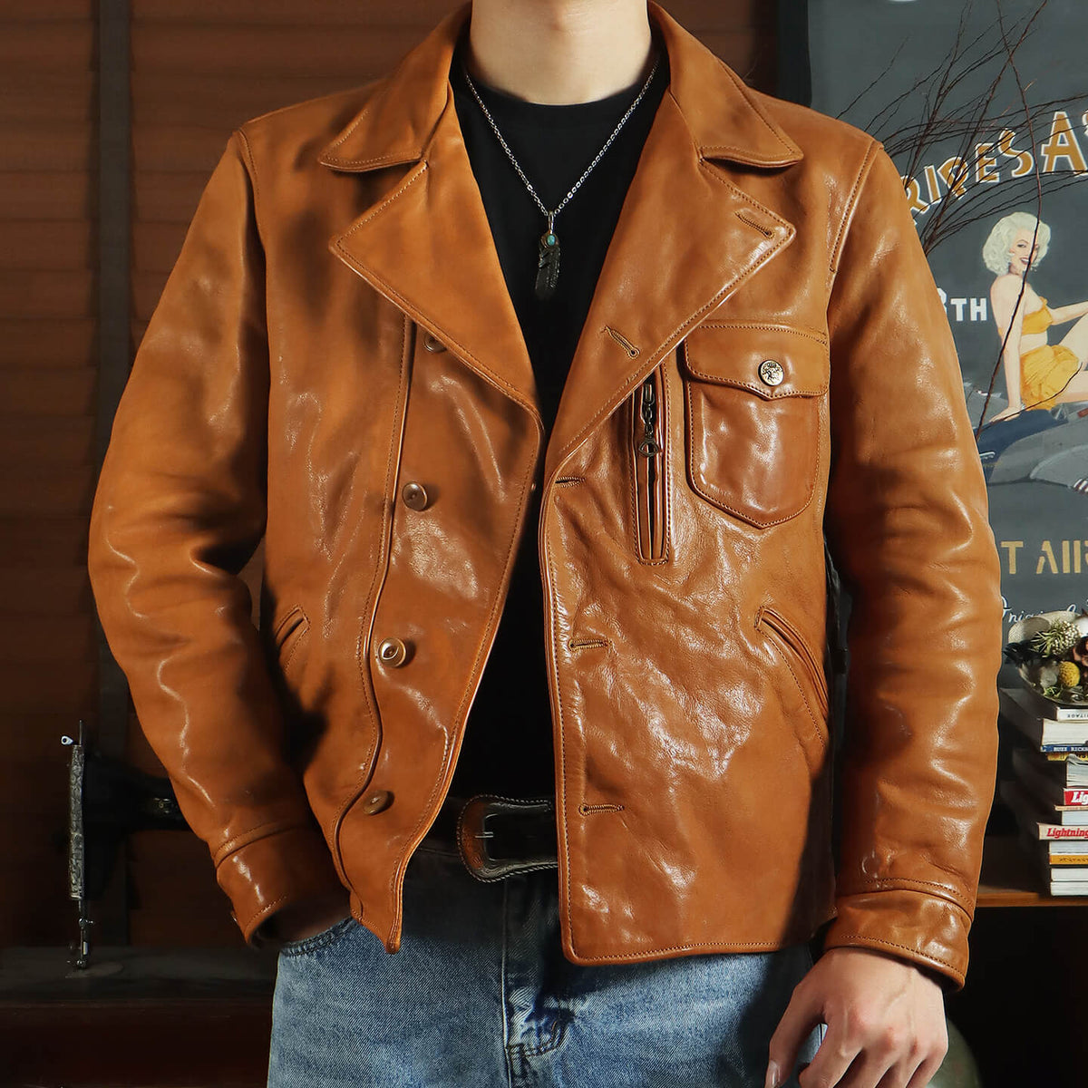 Men's Leather Jacket - Yellowish-Brown