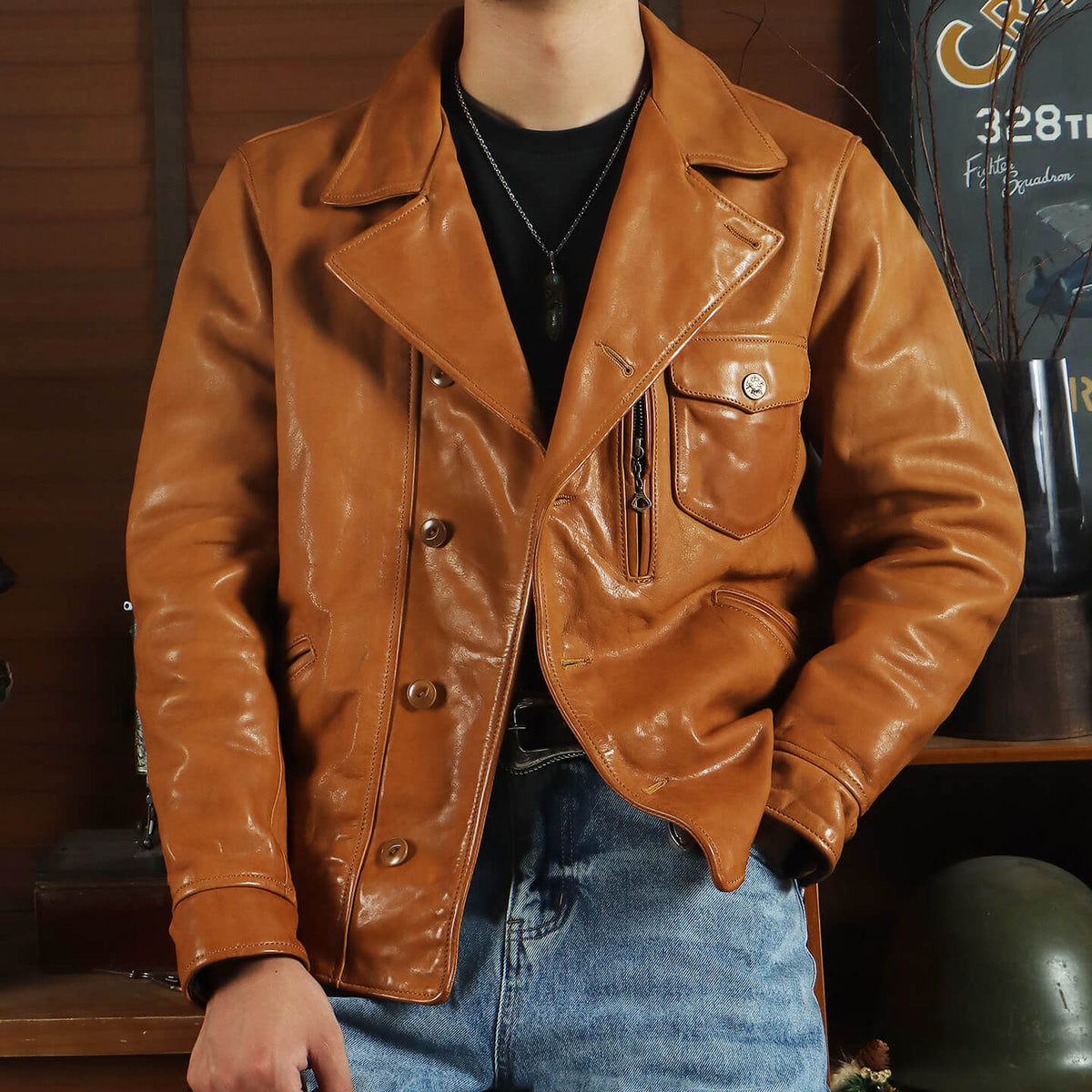 Men's Leather Jacket - Yellowish-Brown