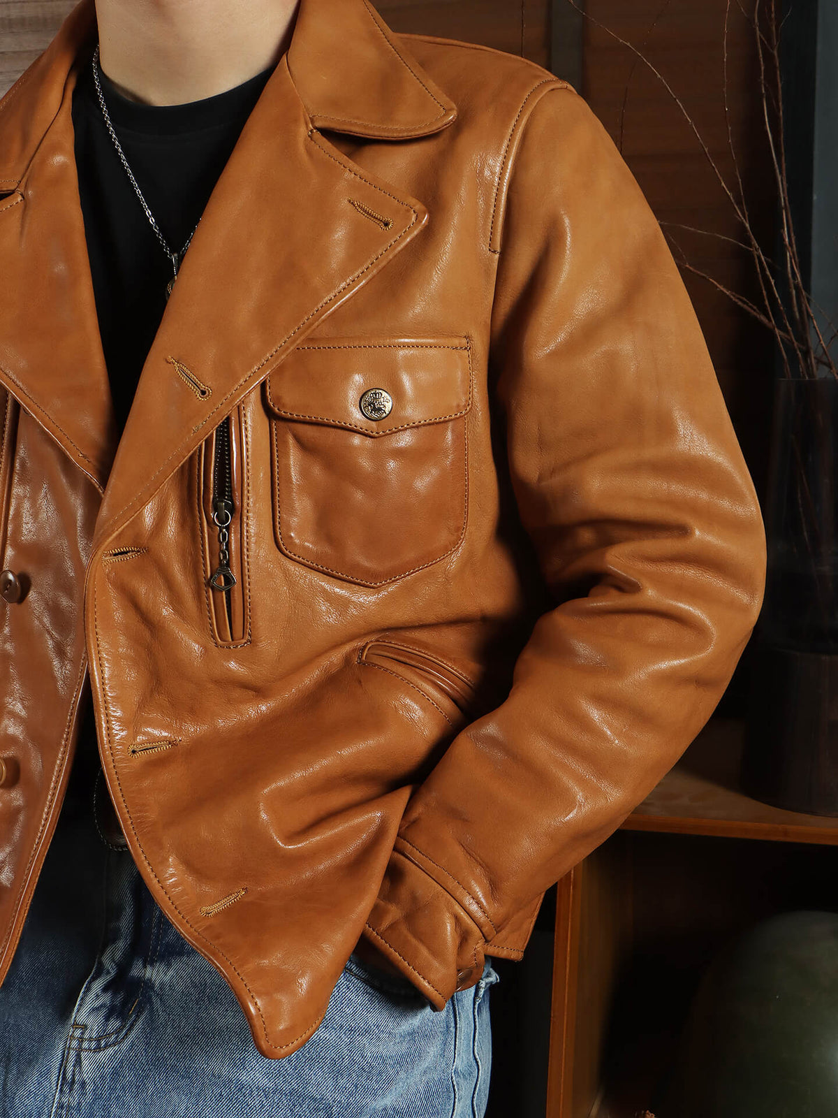 Men's Leather Jacket - Yellowish-Brown