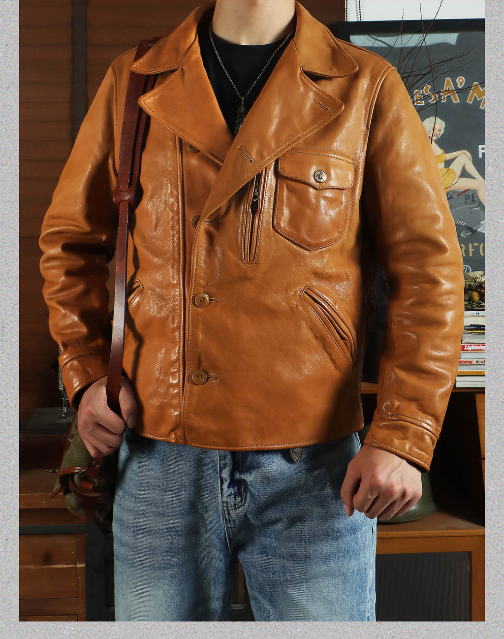Men's Leather Jacket - Yellowish-Brown