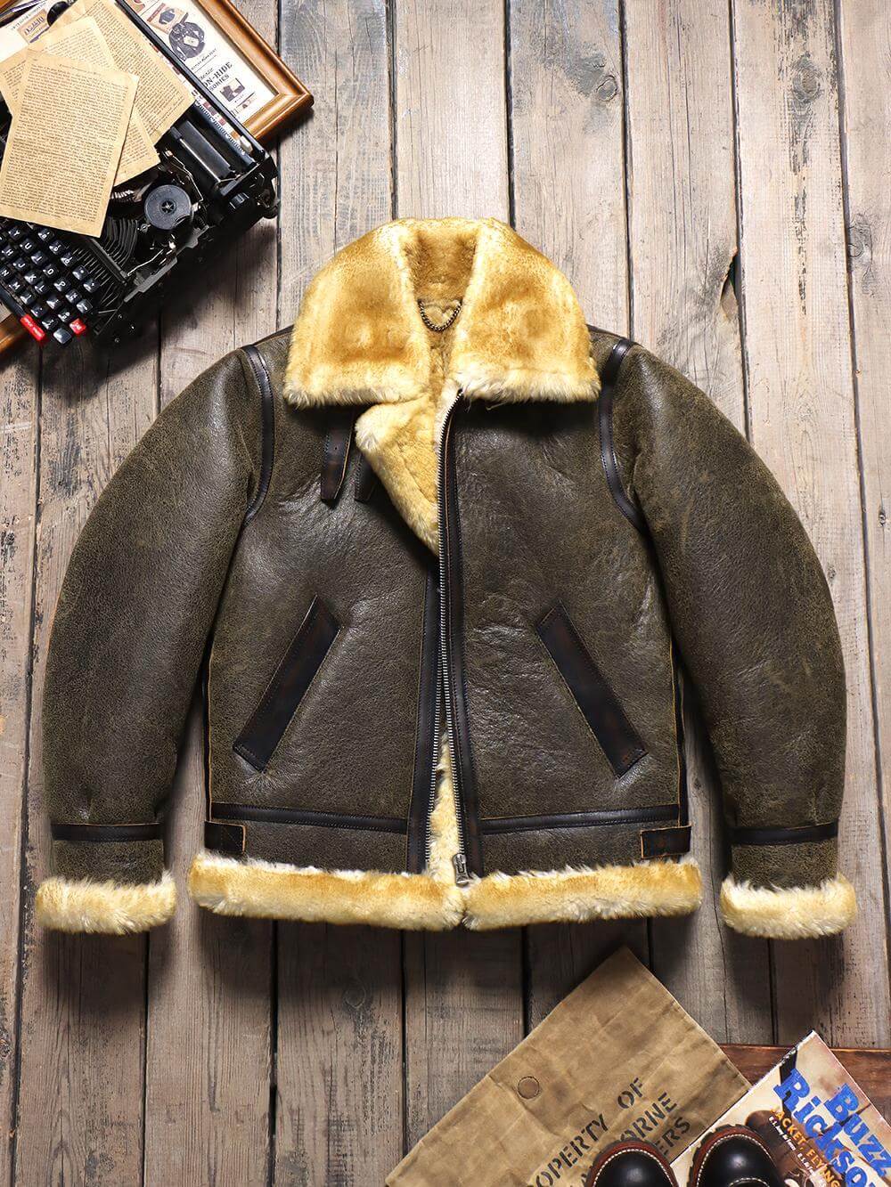Men's Leather Jacket - Gray-green