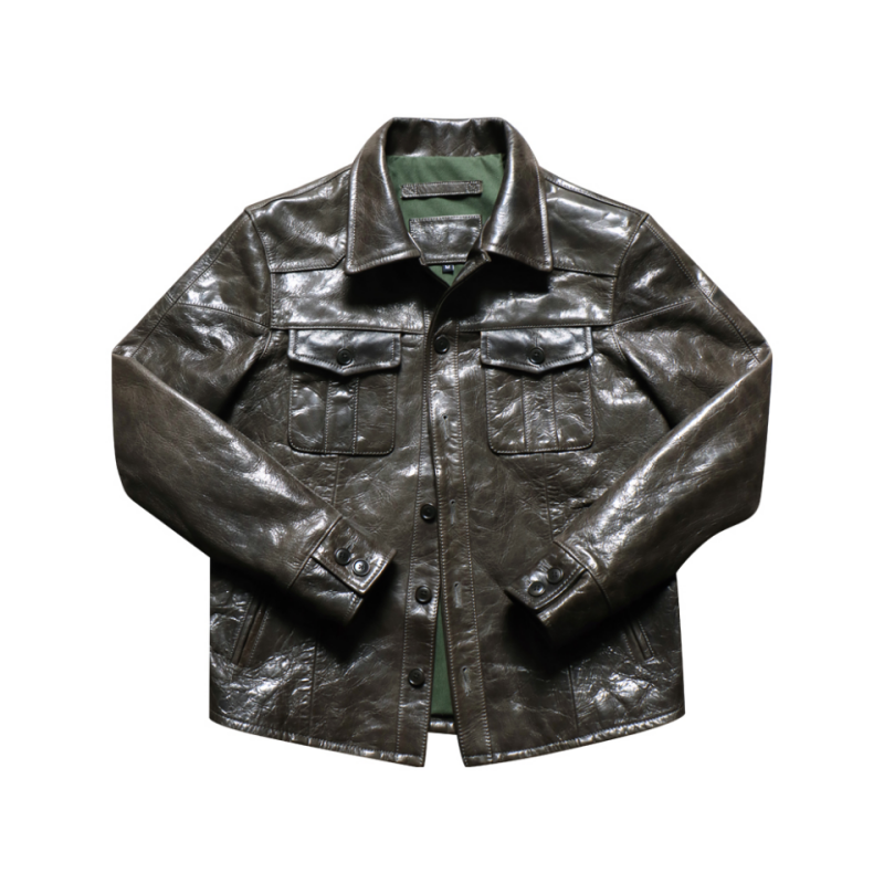 Men's Olive Battle Dress Pattern 37 Leather Jacket - M