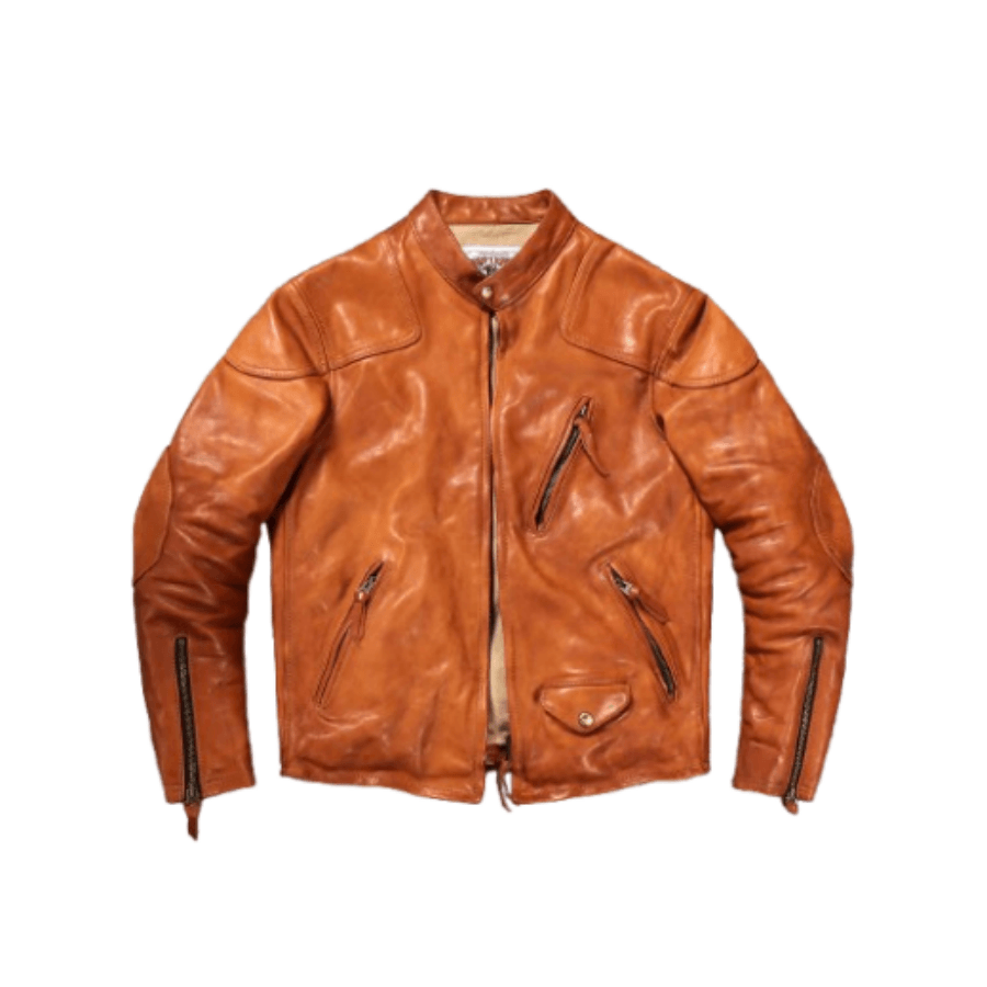 Men's Biker Leather Jacket, Yellow Brown - Yellowish-Brown