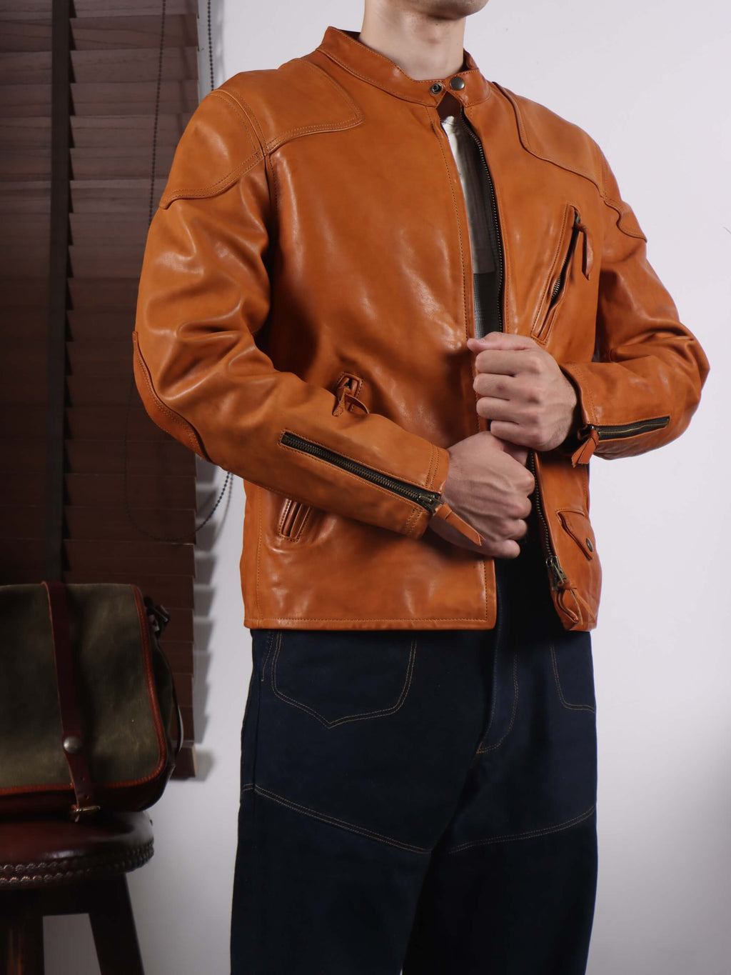 Men's Leather Jacket - Yellowish-Brown