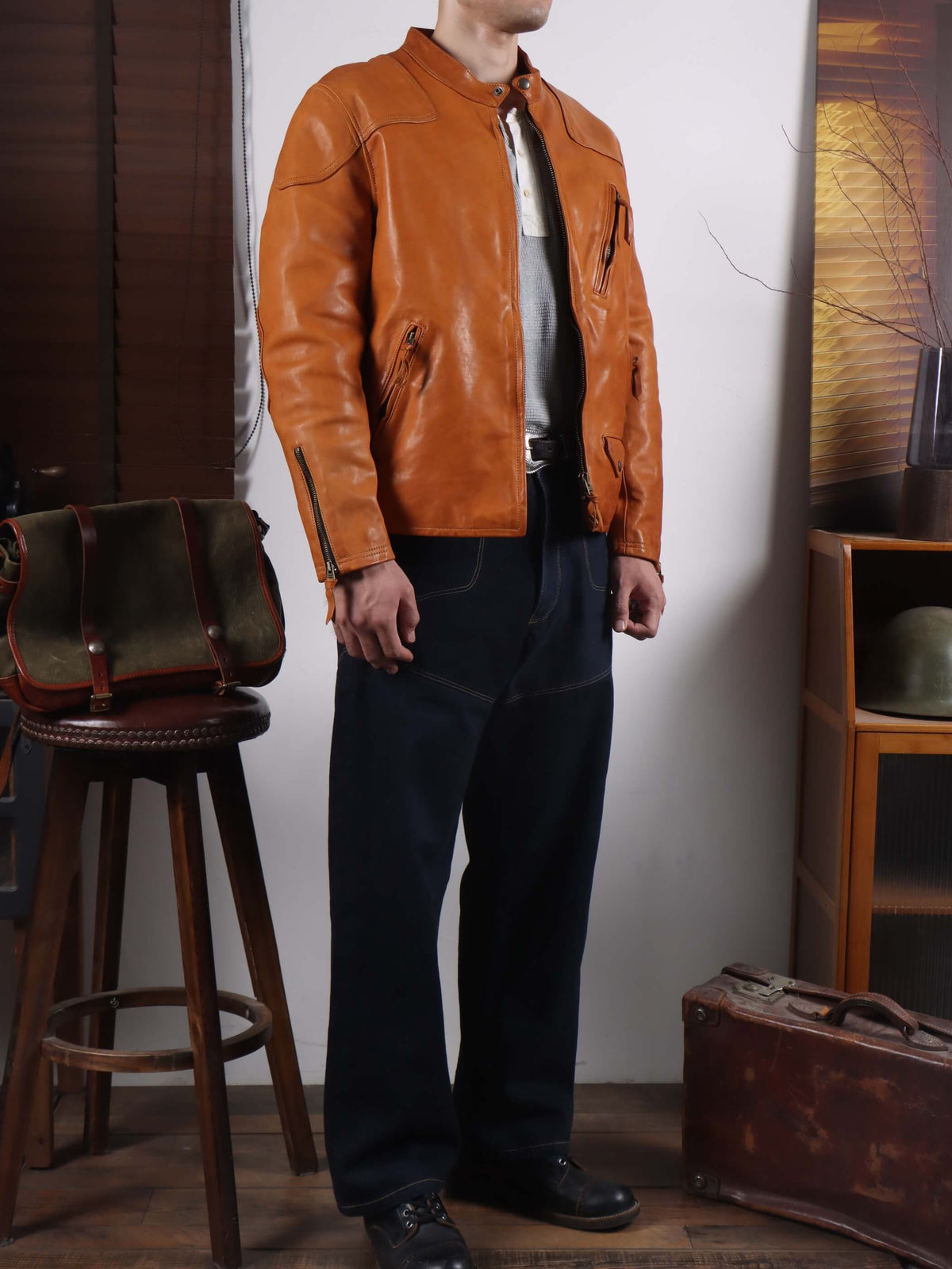 Men's Leather Jacket - Yellowish-Brown
