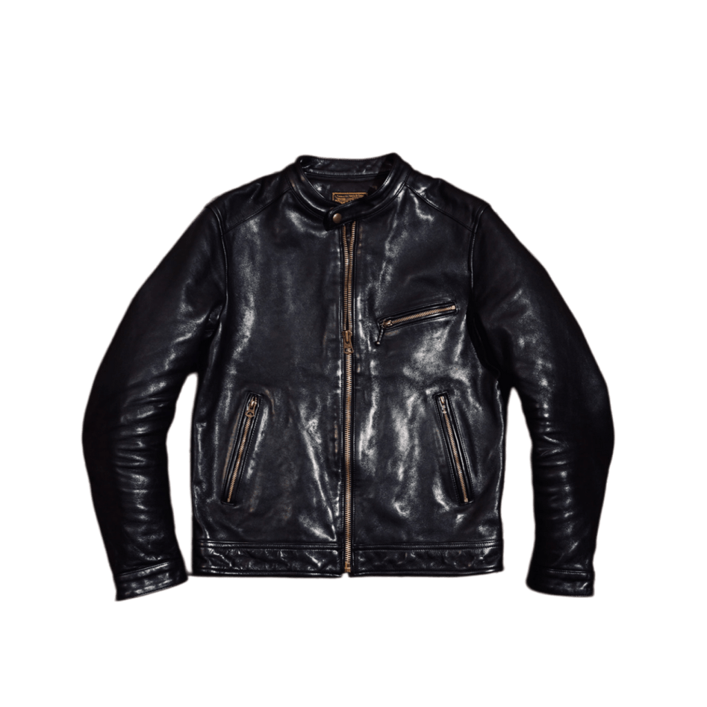 Men's Cafe Racer Leather Jacket, Washed Cowhide - Black