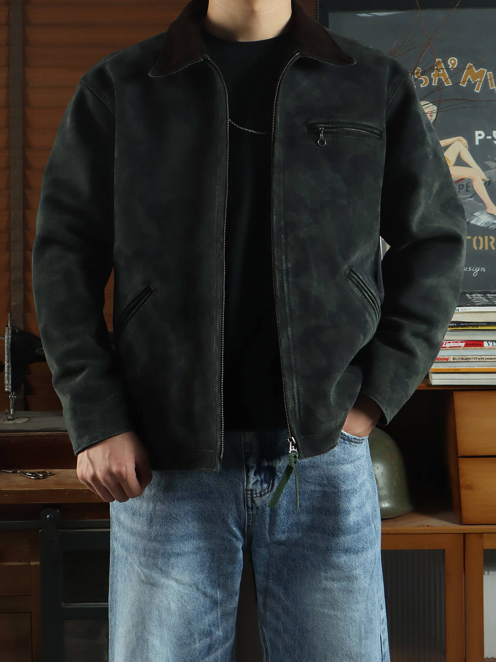Men's Leather Jacket - Camo Green