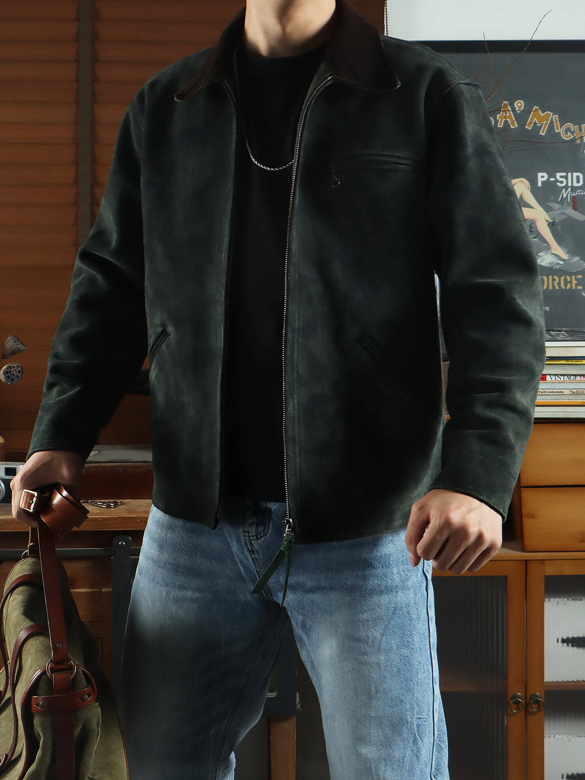 Men's Leather Jacket - Camo Green