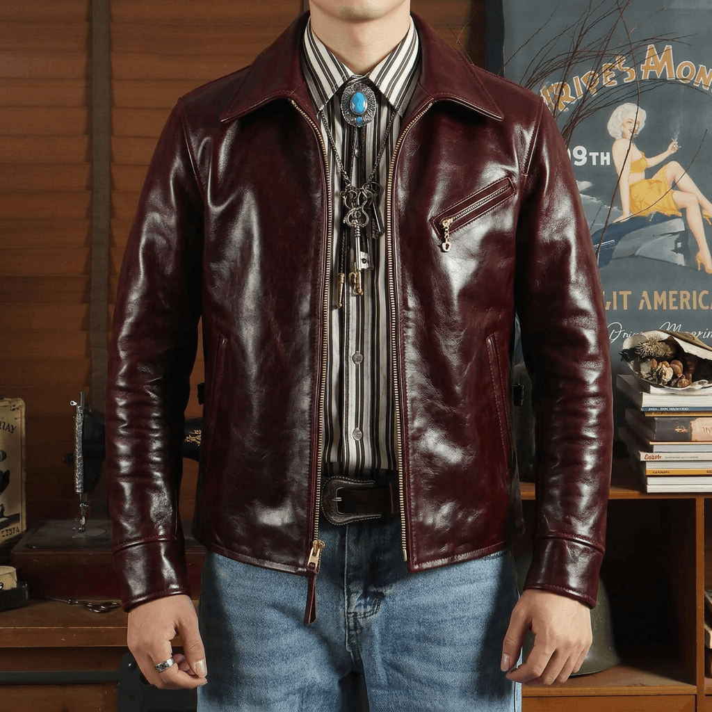 Men's Leather Jacket - Burgundy