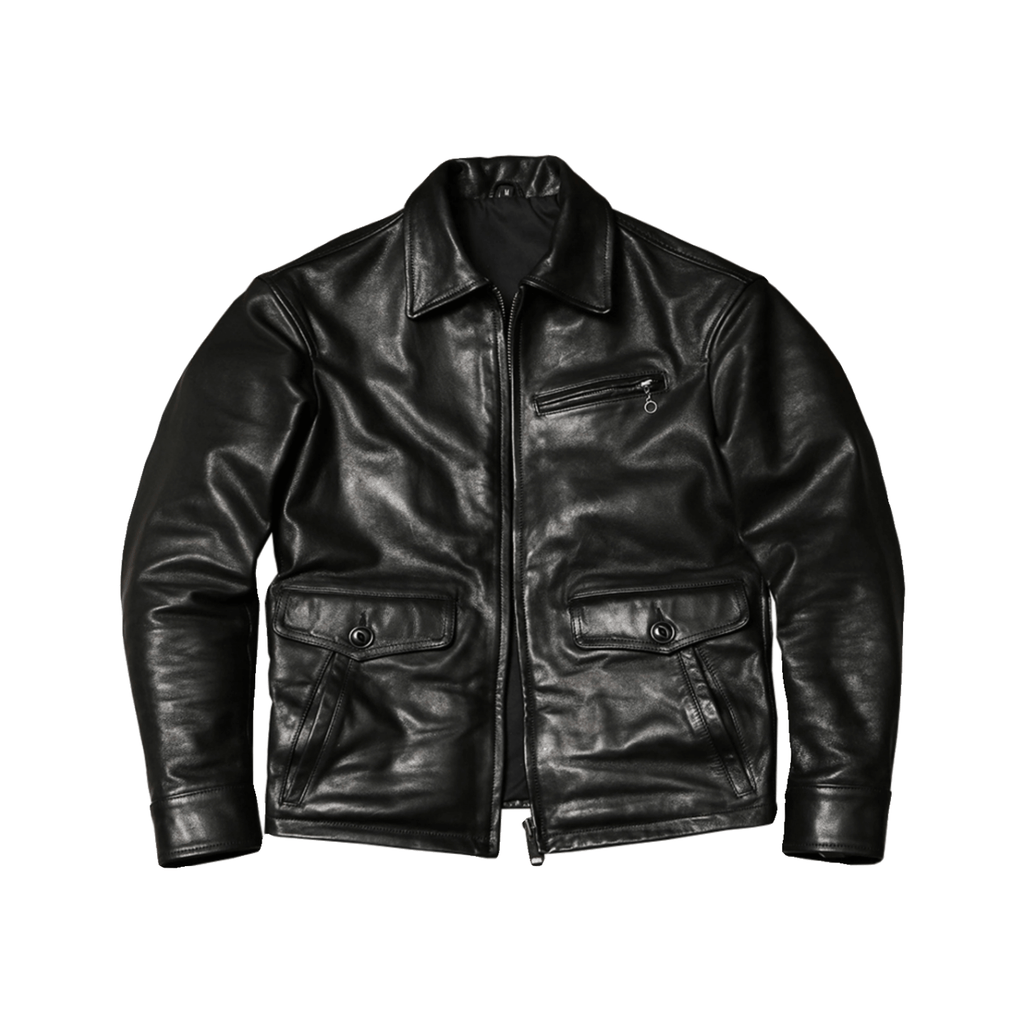 Men's Newsboy Leather Jacket, Goatskin - Black