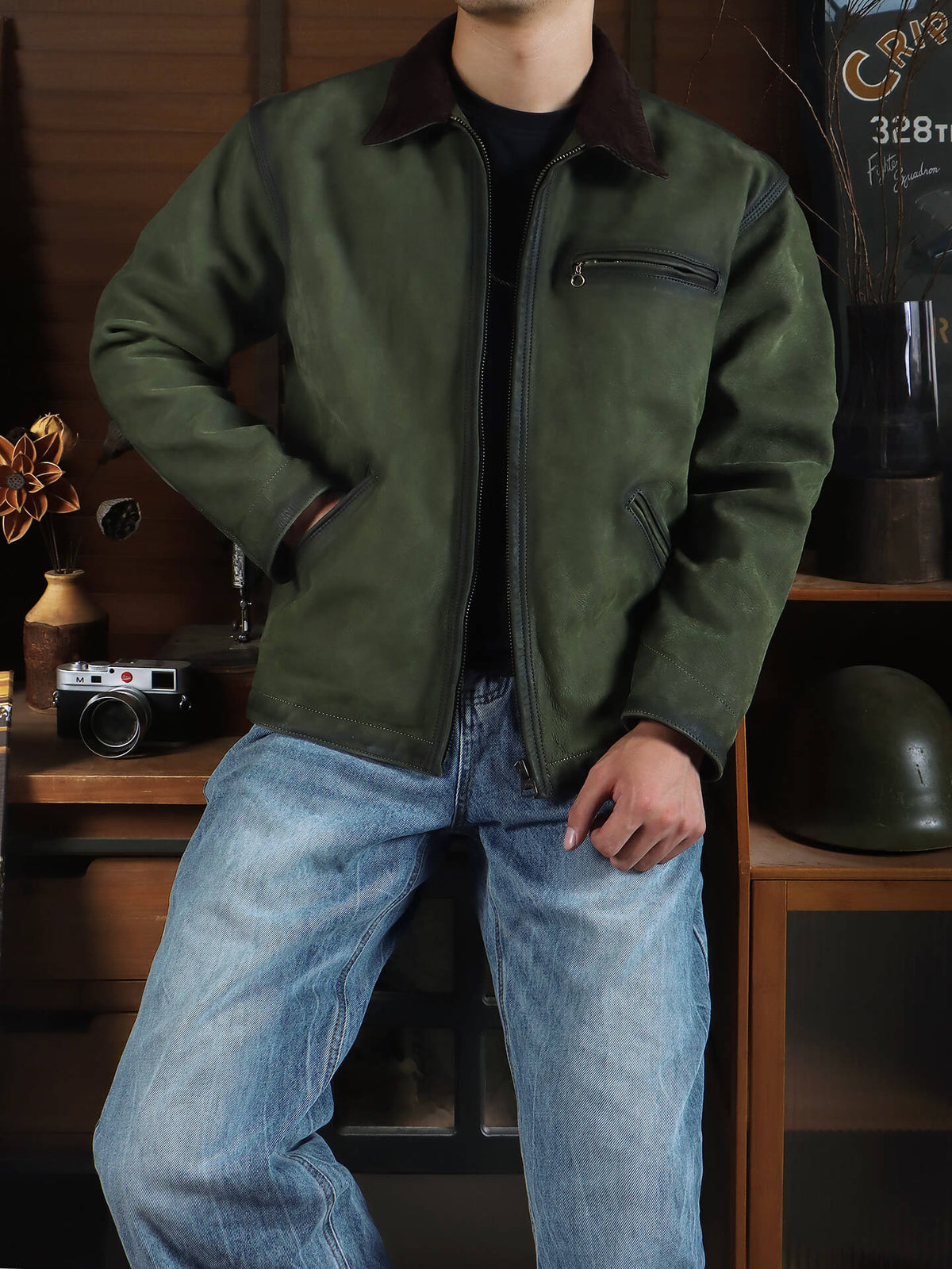 Men's Leather Jacket - Olive