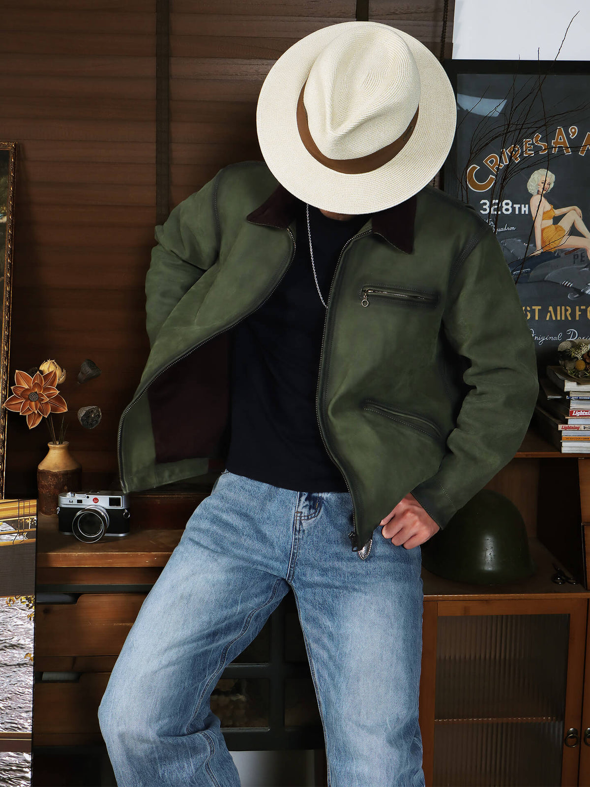 Men's Leather Jacket - Olive