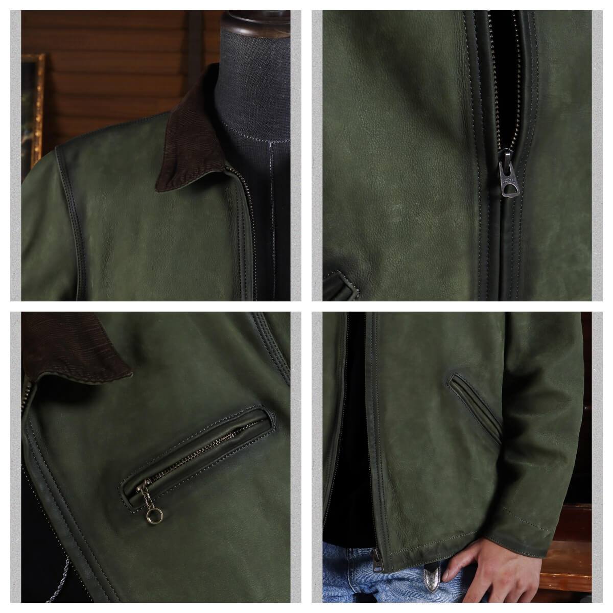 Men's Leather Jacket - Olive