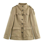 Women's Utility Jacket with High Collar and Button Closure