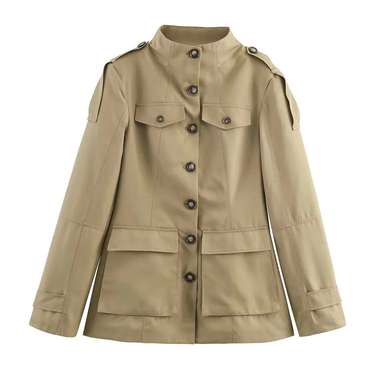 Women's Utility Jacket with High Collar and Button Closure