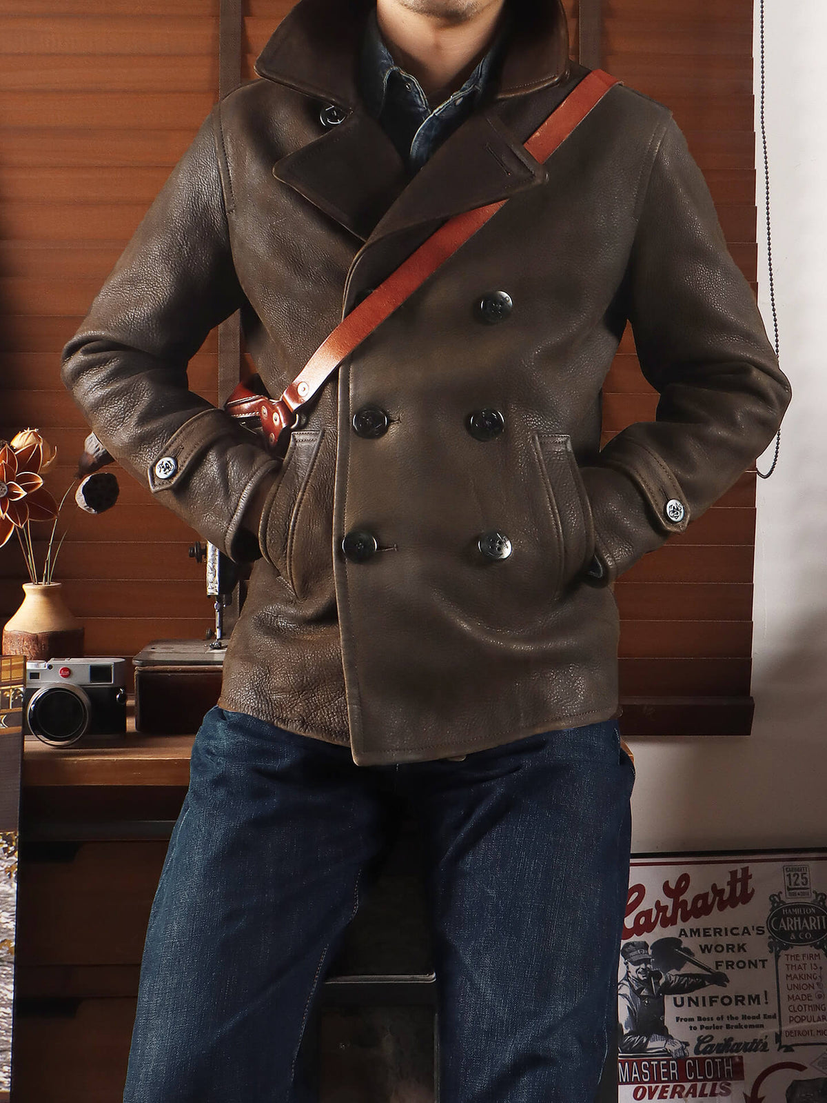 Men's Leather Jacket - Olive