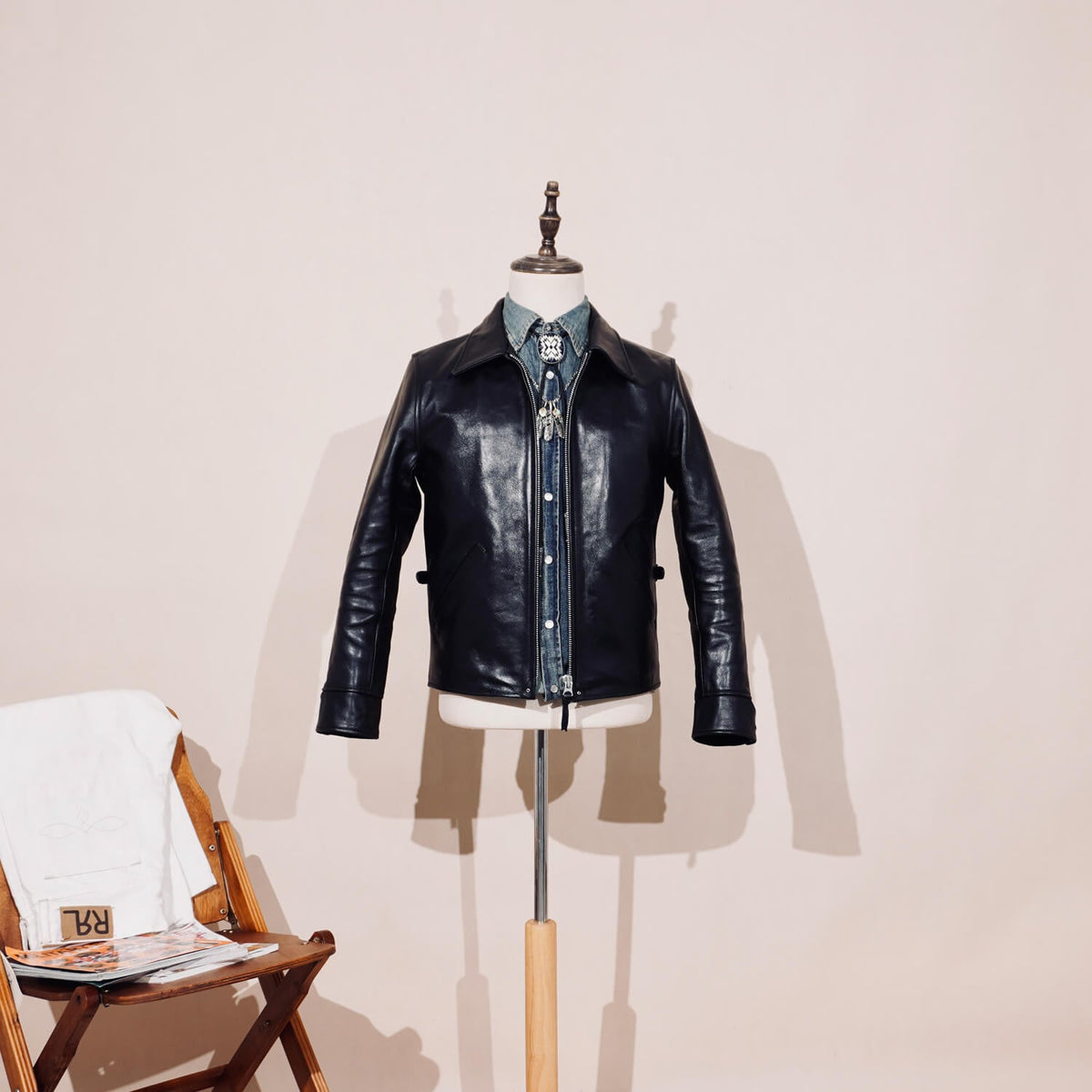 Men's Leather Jacket - Black Waist Buckle