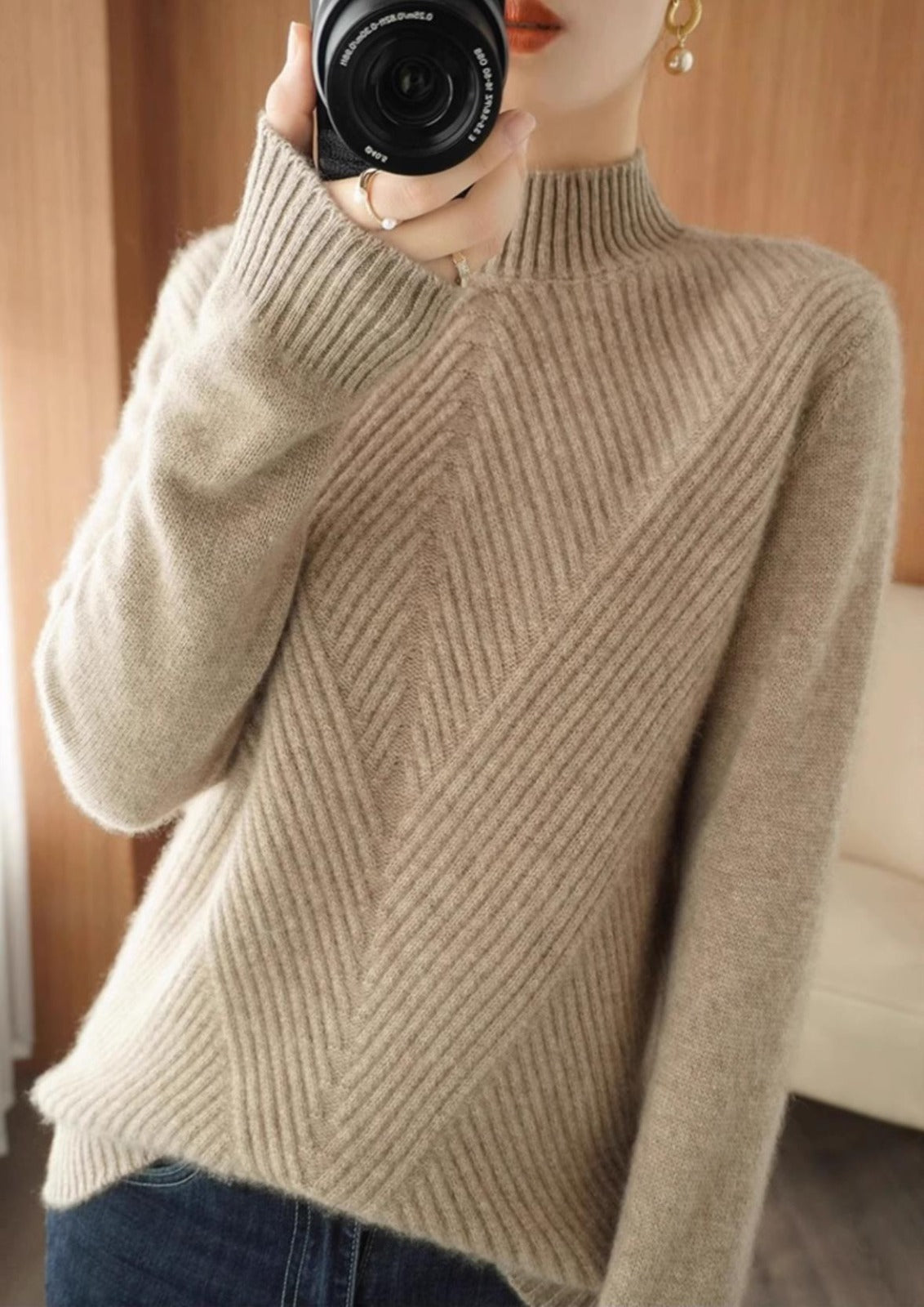Women's Fashion High Neck Knitted Sweater - Blue