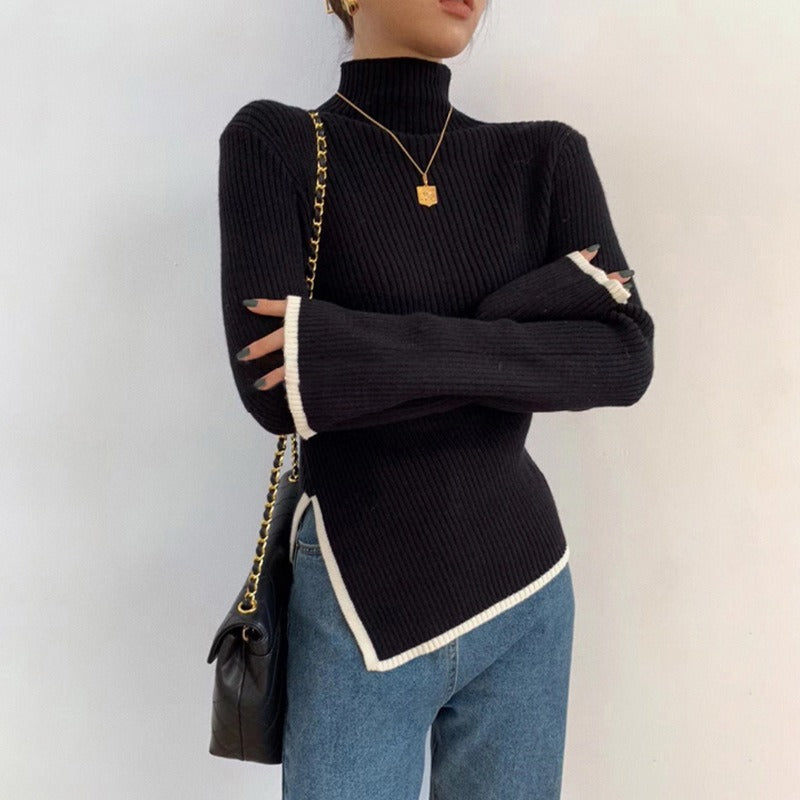 Women's Turtleneck Drape Large Profile Sweater – Stripe Edition