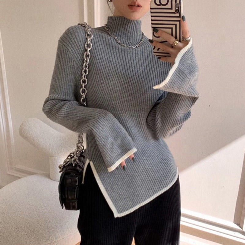 Women's Turtleneck Drape Large Profile Sweater – Stripe Edition