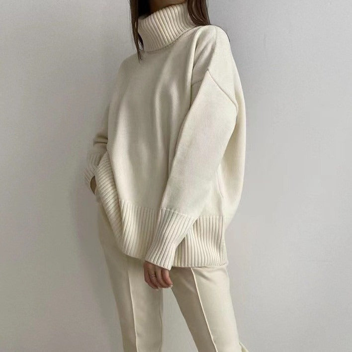 Women's Elegant Turtleneck Sweater with Lantern Sleeves Cotton - Off White
