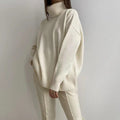 Women's Elegant Turtleneck Sweater with Lantern Sleeves Cotton - Off White