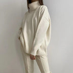 Women's Elegant Turtleneck Sweater with Lantern Sleeves Cotton - Off White