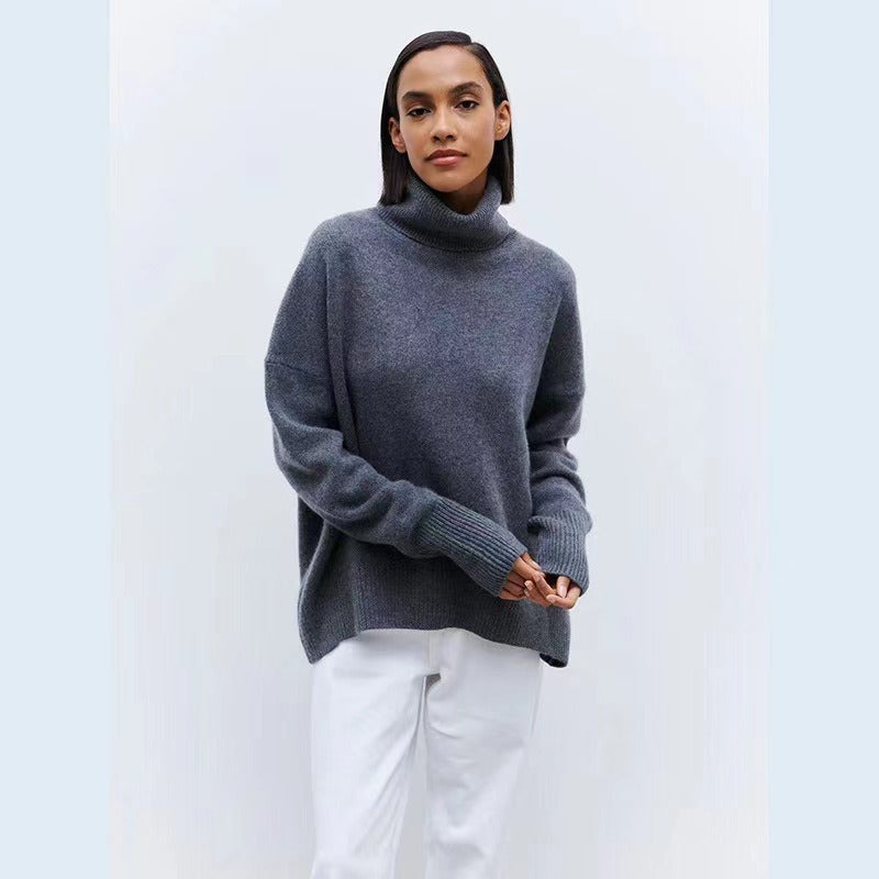 Women's Elegant Turtleneck Sweater with Lantern Sleeves Cotton - Beige