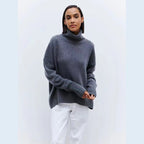 Women's Elegant Turtleneck Sweater with Lantern Sleeves Cotton - Beige