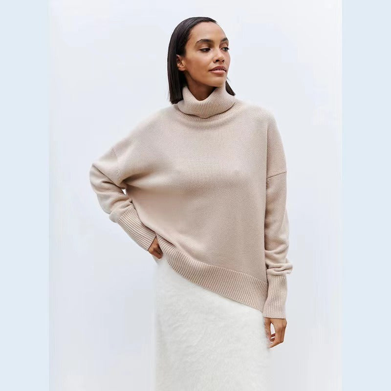 Women's Elegant Turtleneck Sweater with Lantern Sleeves Cotton - Blue