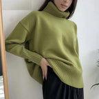 Women's Elegant Turtleneck Sweater with Lantern Sleeves Cotton - Fuchsia