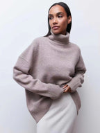 Women's Elegant Turtleneck Sweater with Lantern Sleeves Cotton - Dark Gray