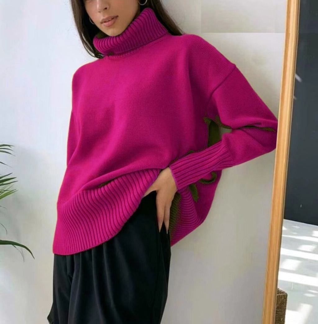 Women's Elegant Turtleneck Sweater with Lantern Sleeves Cotton - taupe