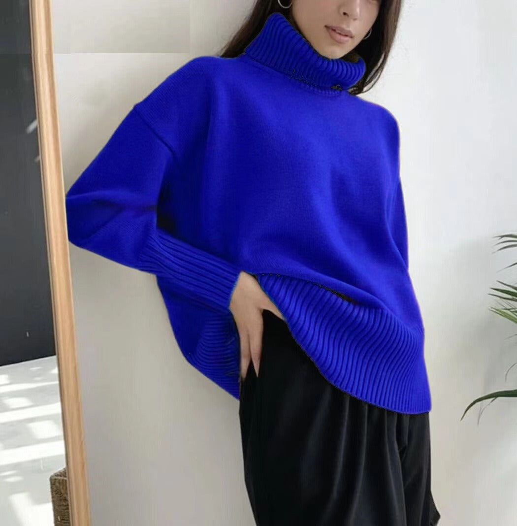 Women's Elegant Turtleneck Sweater with Lantern Sleeves Cotton - Green