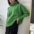 Women's Elegant Turtleneck Sweater with Lantern Sleeves Cotton - Olive Green