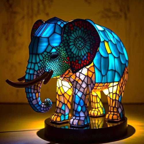 Animal Glass Table Lamp - Stained Glass-Style Mosaic LED - Elephant / 17 cm