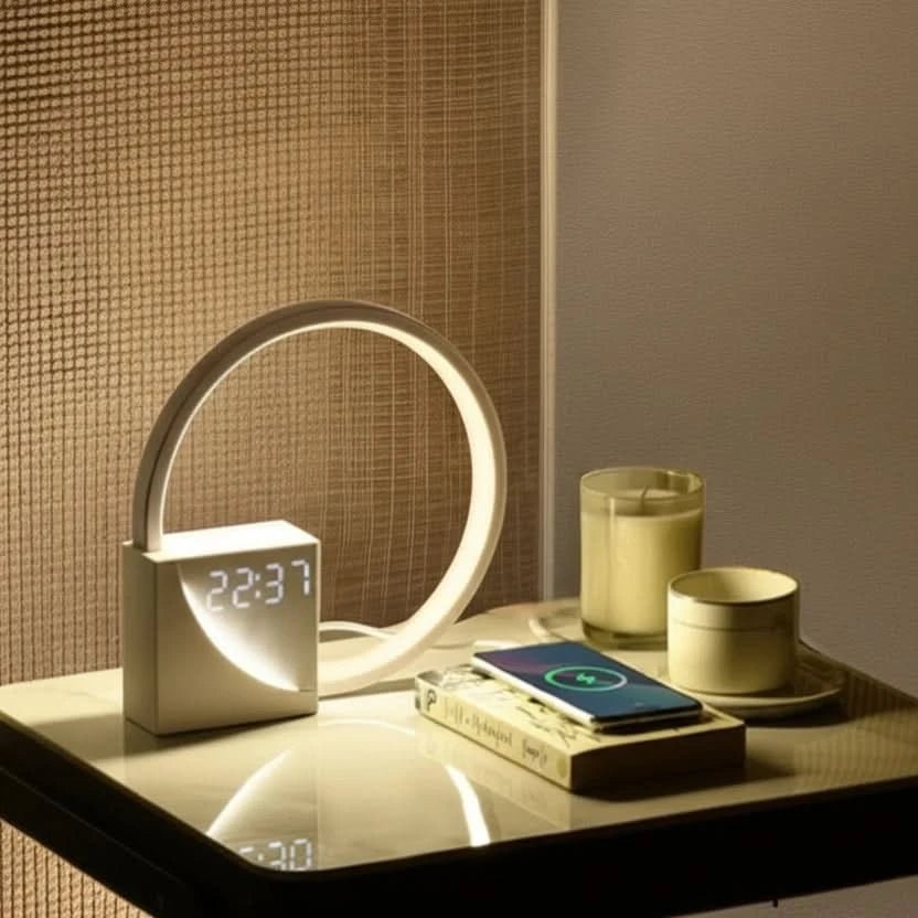 Bedside Table Lamp with Alarm Clock, USB Charging & LED Night Light