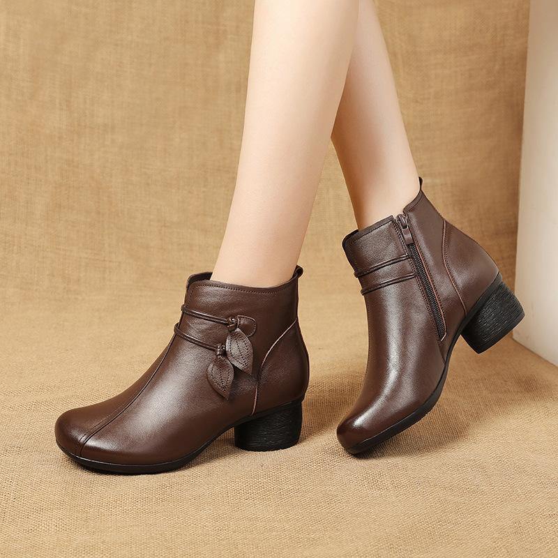 Women's Brown Leather Side-Zip Chunky Heel Boots