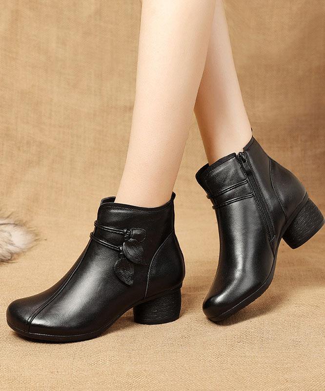 Women's Brown Leather Side-Zip Chunky Heel Boots