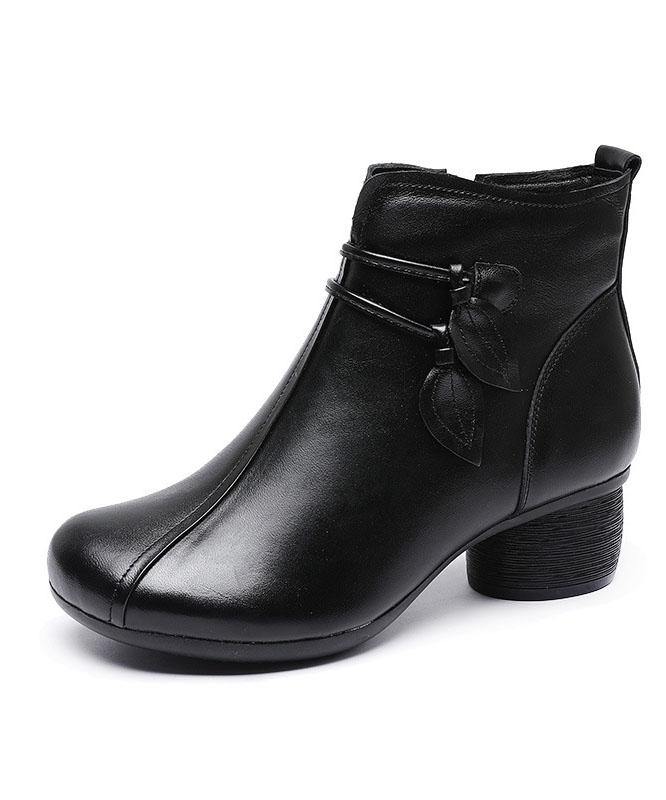 Women's Brown Leather Side-Zip Chunky Heel Boots