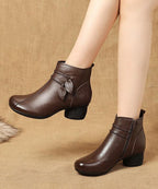 Women's Brown Leather Side-Zip Chunky Heel Boots