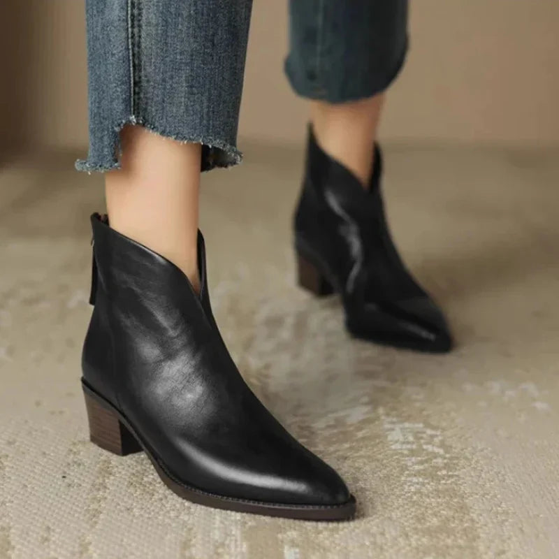 Women's Pointed-Toe Leather Ankle Boots with Block Heel