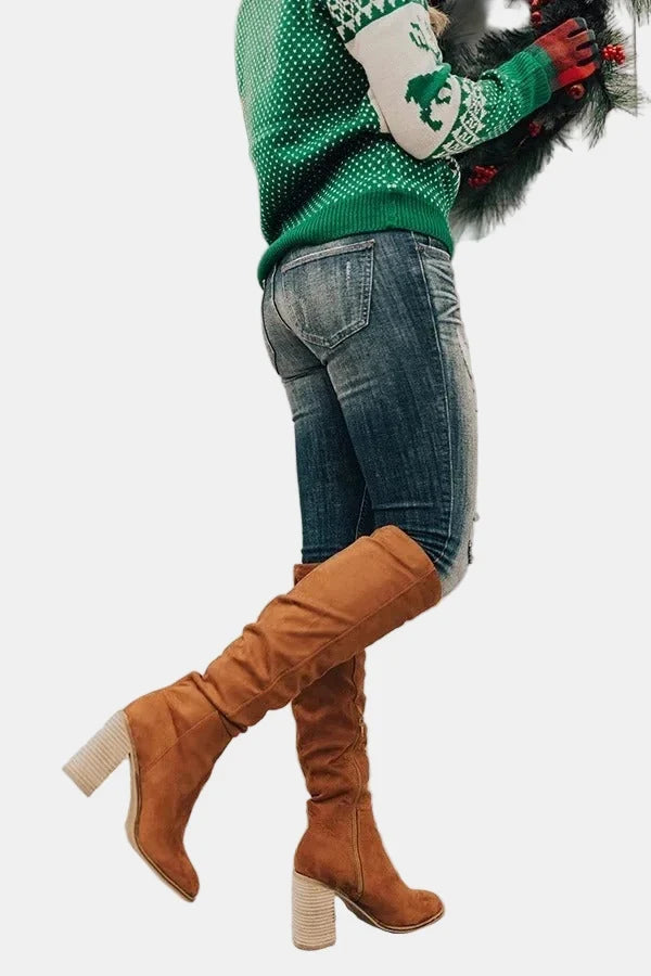 Women's Ruched Block Heel Knee-High Boots