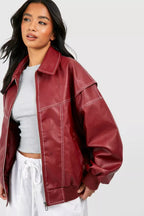 Women's Leather Bomber Jacket with Collared Neck and Ribbed Cuffs