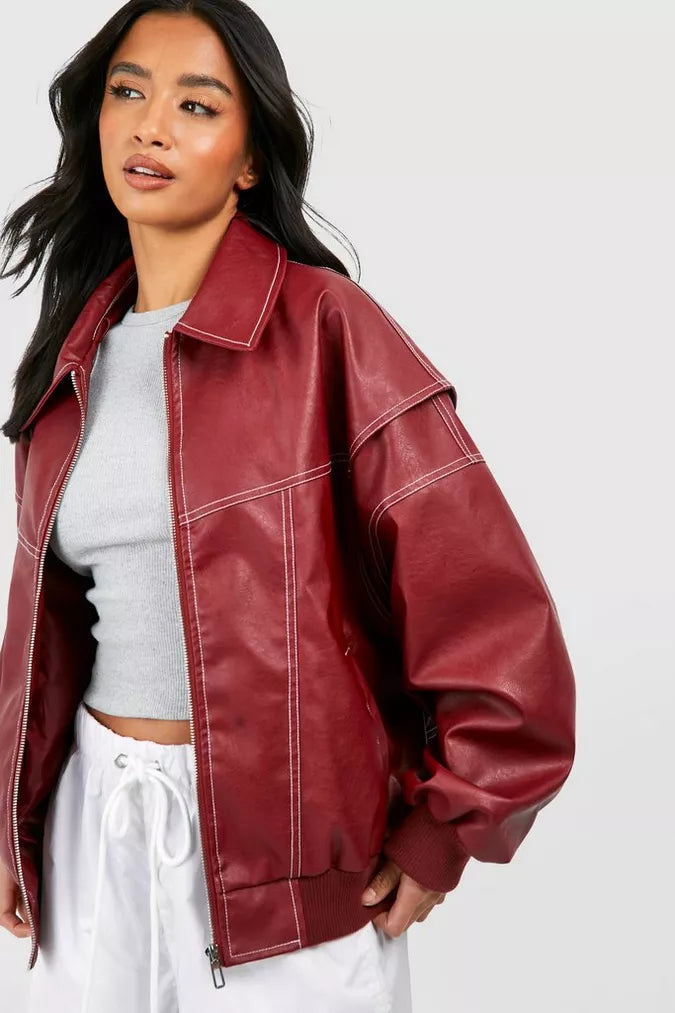 Women's Leather Bomber Jacket with Collared Neck and Ribbed Cuffs