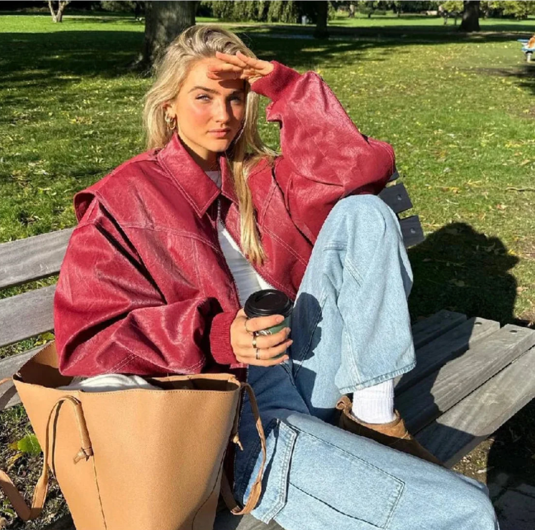 Women's Leather Bomber Jacket with Collared Neck and Ribbed Cuffs