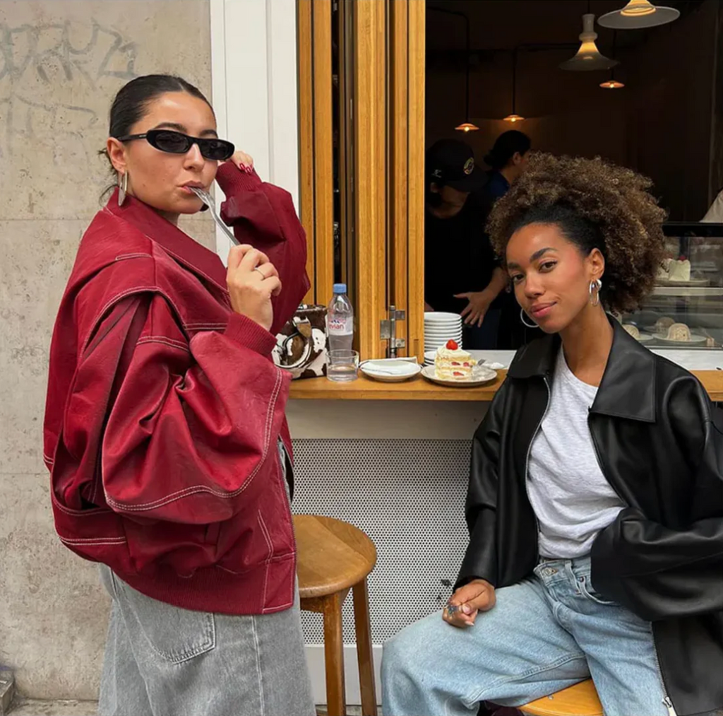 Women's Leather Bomber Jacket with Collared Neck and Ribbed Cuffs