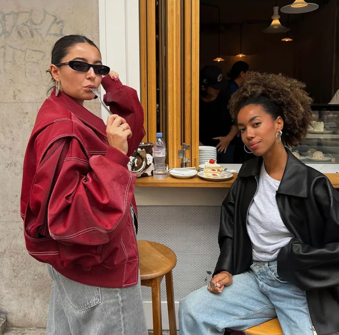 Women's Leather Bomber Jacket with Collared Neck and Ribbed Cuffs