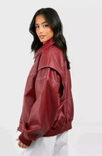 Women's Leather Bomber Jacket with Collared Neck and Ribbed Cuffs